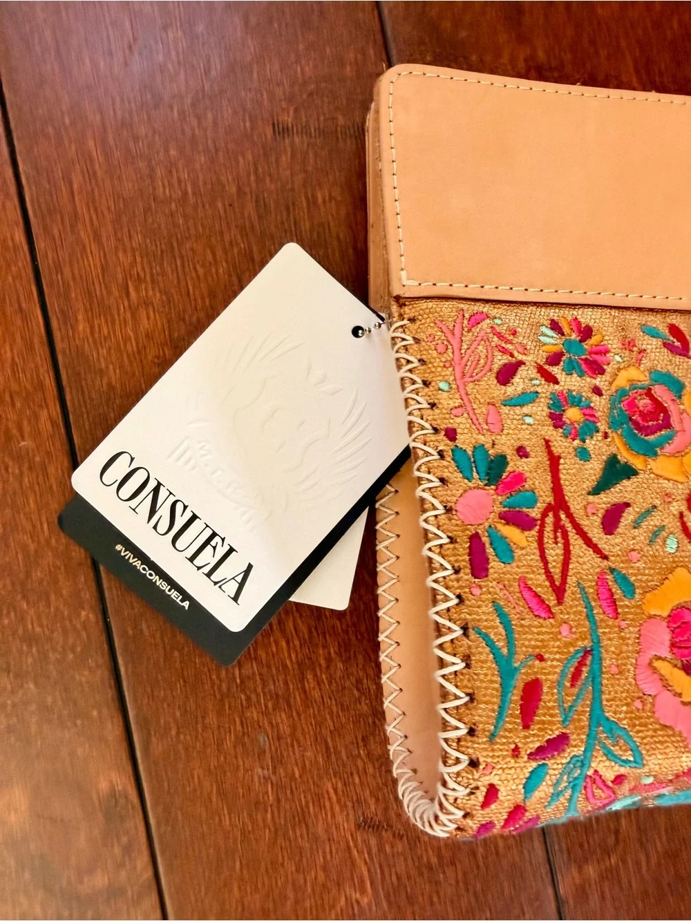 Consuela Tan Floral Embroidered Clutch with Pink & Teal Accents